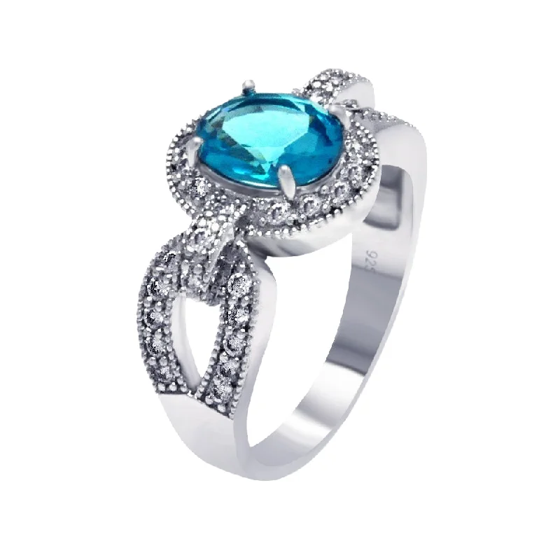 Ladies rings thumb statement pieces-Silver 925 Rhodium Plated Aqua Center and Clear CZ Ring - BGR00370