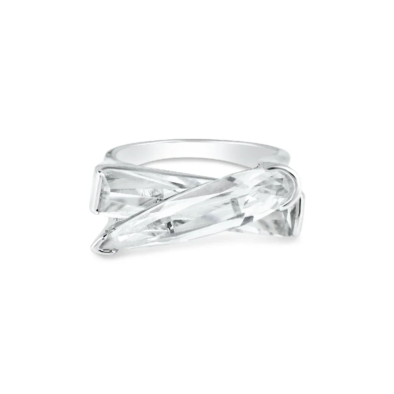 Ladies rings polished durability rings-Clearance-Silver 925 Rhodium Plated Clear CZ Criss Cross Ring - BGR00299