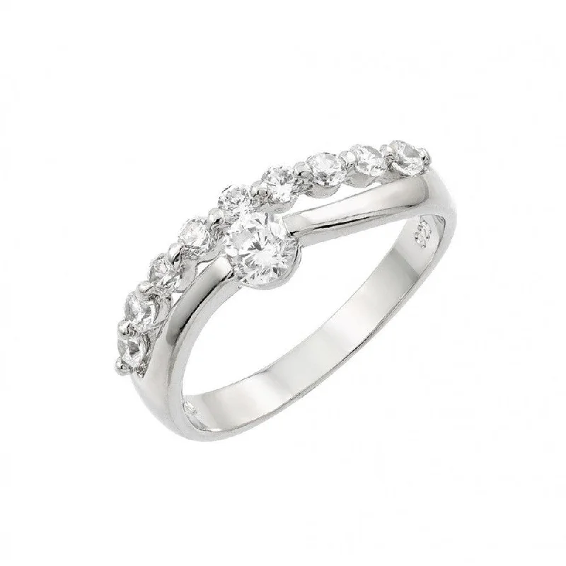 Ladies rings pear cut styles-Silver 925 Rhodium Plated Round Clear CZ 2 Row Ring - BGR00876