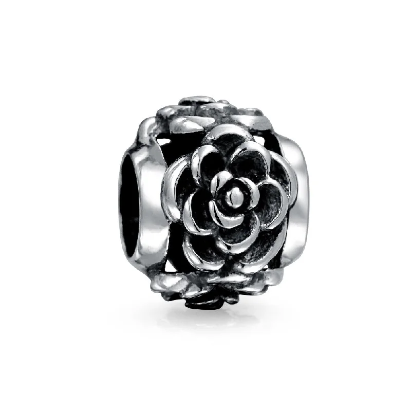 Ladies bracelets matte finish options-Flower Garden Black Rose Charm Bead in Oxidized Sterling Silver for Bracelets