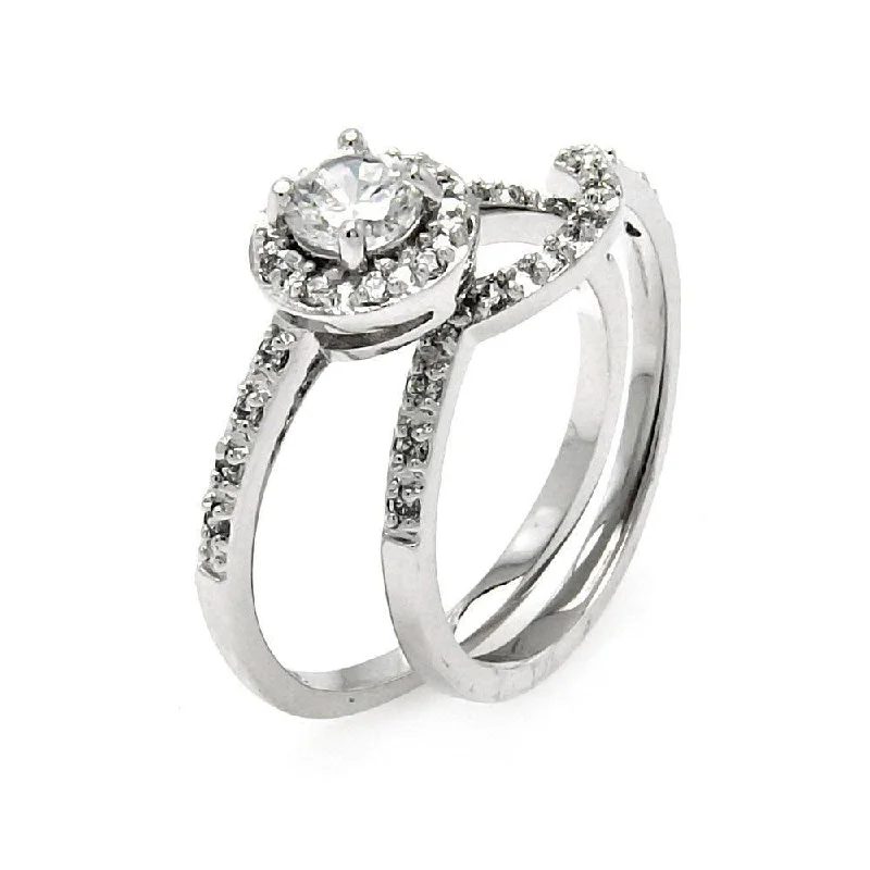 Ladies rings sterling silver options-Silver 925 Rhodium Plated Round Center Clear CZ Bridal Ring Set - BGR00454