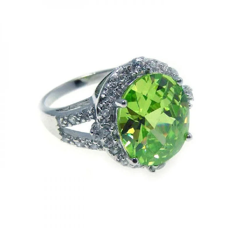 Ladies rings avant-garde designs-Silver 925 Rhodium Plated Round Green Center Clear Cluster CZ Ring - STR00484