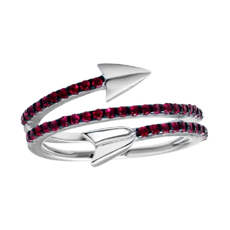 Ladies rings metallic sheen styles-Rhodium Plated 925 Sterling Silver Wrap Arrow Red CZ Ring - BGR01189RED