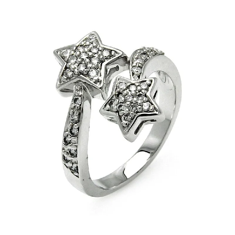 Ladies rings slip-on ring styles-Silver 925 Rhodium Plated Double CZ Star Ring - STR00055