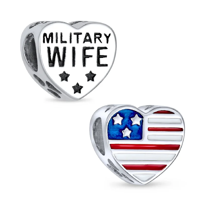 Ladies bracelets heavy duty designs-Heart Shape USA Flag Military Wife Charm Bead Sterling Silver for Bracelet