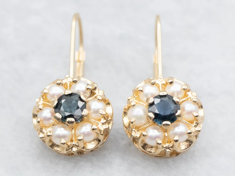 Ladies earrings global brand styles-Sapphire and Seed Pearl Halo Drop Earrings