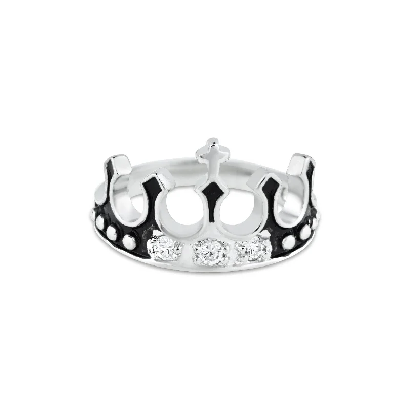 Ladies rings one-off design rings-Silver 925 Rhodium Plated Black Enamel CZ Crown Ring - BGR00036