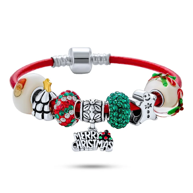 Ladies bracelets nature-inspired patterns-Merry Christmas Tree Charm Bracelet with Santa Gingerbread and Candy Cane Beads