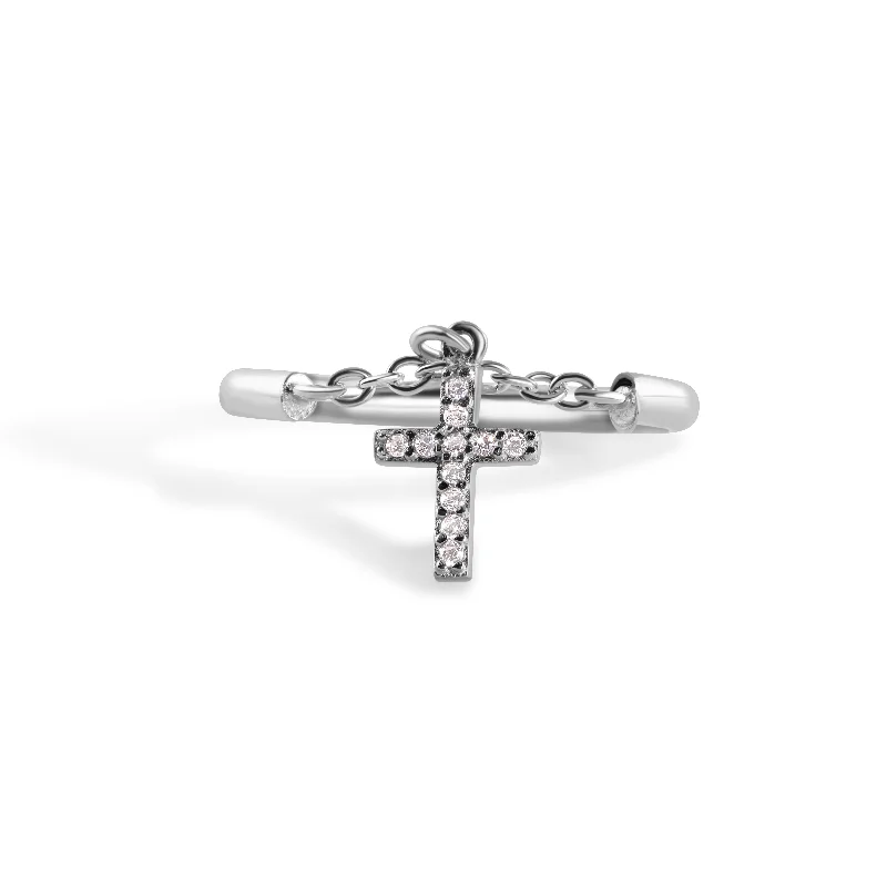 Ladies rings gradient gem rings-925 Sterling Silver Nickel Free Rhodium Plated Half Ring Chain Dangling Cross Clear CZ Ring - STR01015