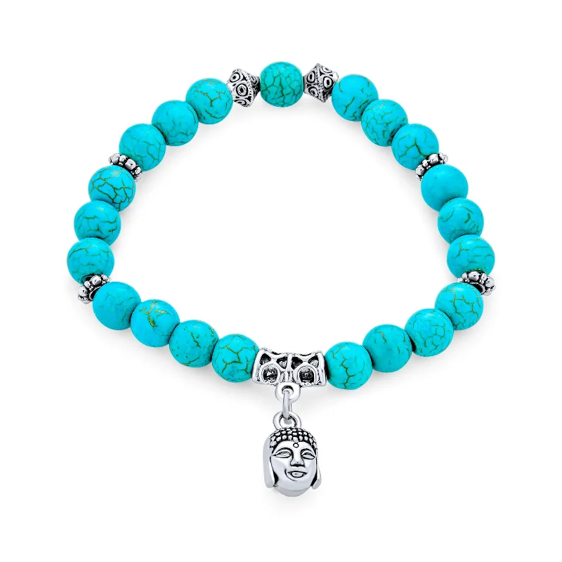 Ladies bracelets architectural style designs-Bali Buddha Blue Turquoise Stretch Bracelet with Spiritual Gemstone Charm