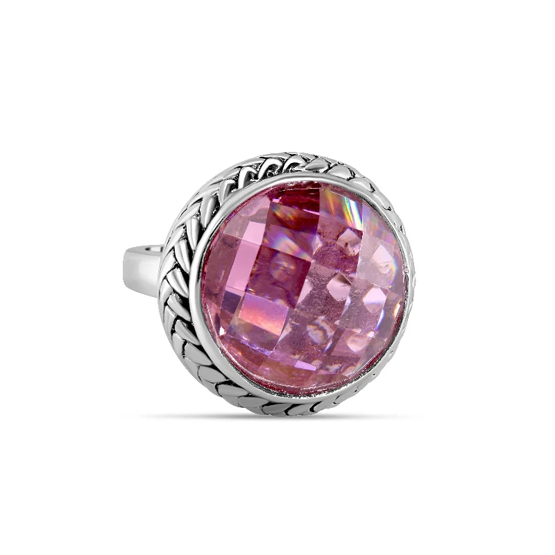 Ladies rings budget-friendly finds-Rhodium Plated 925 Sterling Silver Dome Style Light Amethyst Pink Ring - STR00246